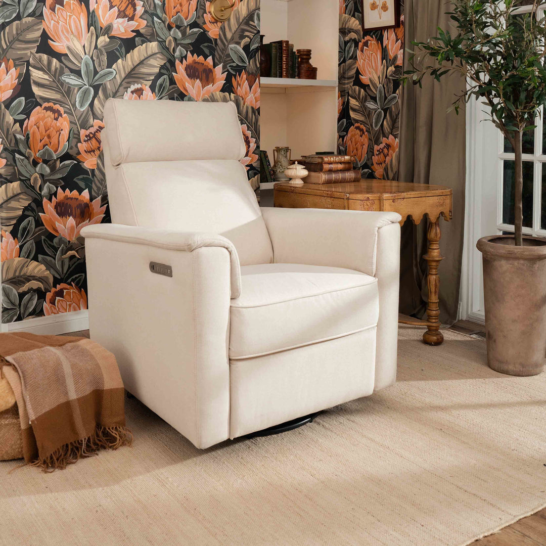 Namesake Willa Pro power-recline nursery glider and swivel recliner in eco-performance fabric