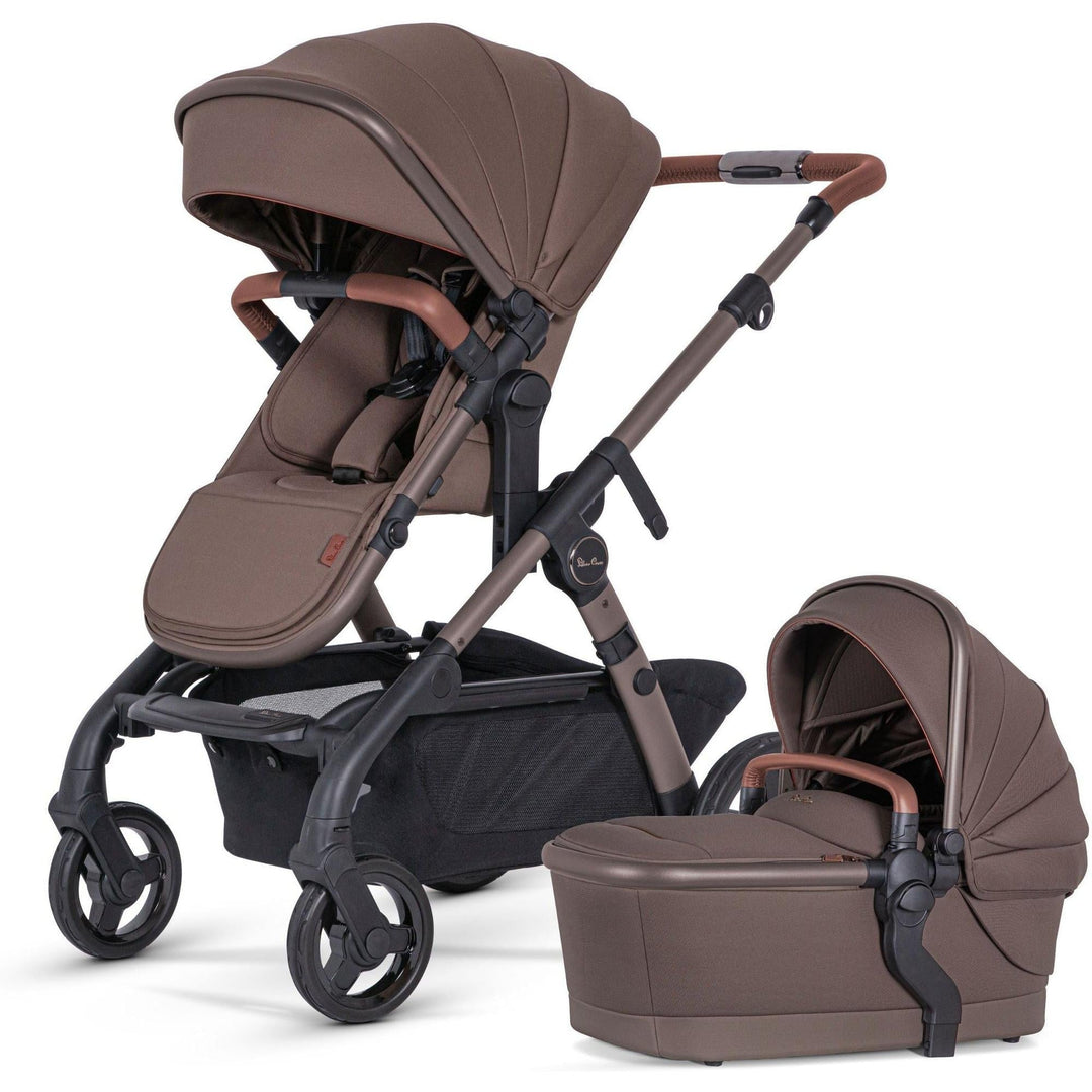 Silver Cross Wave 3 single-to-double stroller displayed alongside the Sleep and Go Travel Crib and Gourmet High Chair, showing the complete Silver Cross baby gear lineup available at Cuddles and Carriages in Evans, Georgia