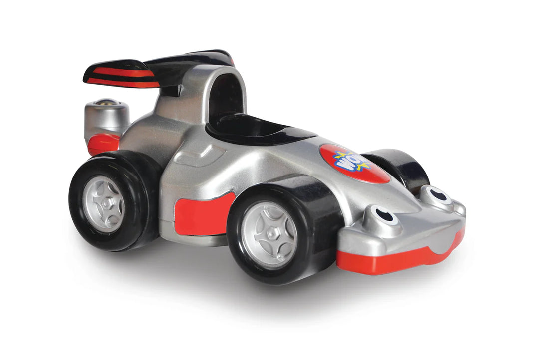 Toy race car with red and black accents on a white background