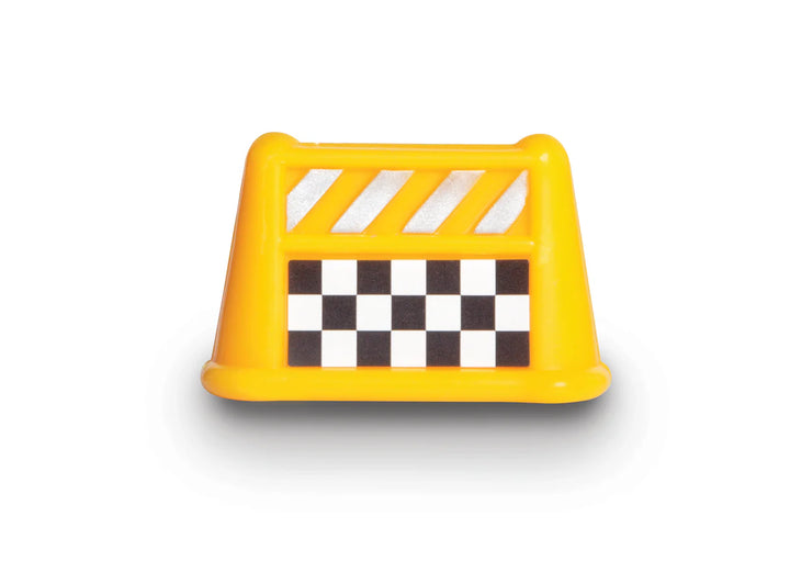 Yellow traffic cone with a checkered pattern on a white background