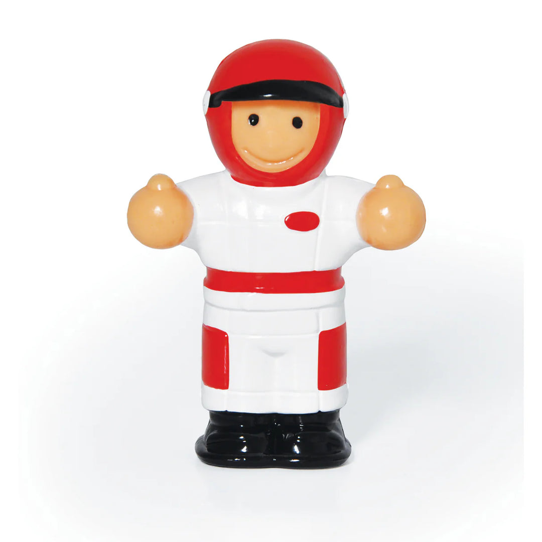 Toy figure of a character in a red and white outfit with a helmet on a white background