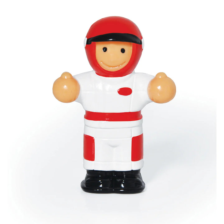 Toy figure of a character in a red and white outfit with a helmet on a white background