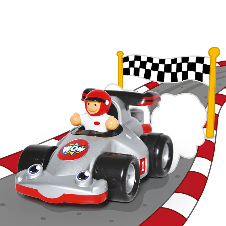 Toy race car with a driver figure on a track with a checkered flag in the background