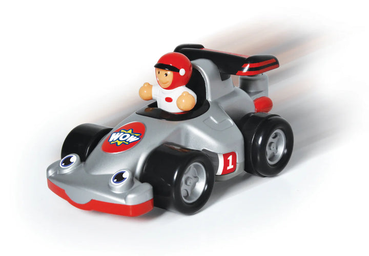 Toy race car with a driver figure on a white background