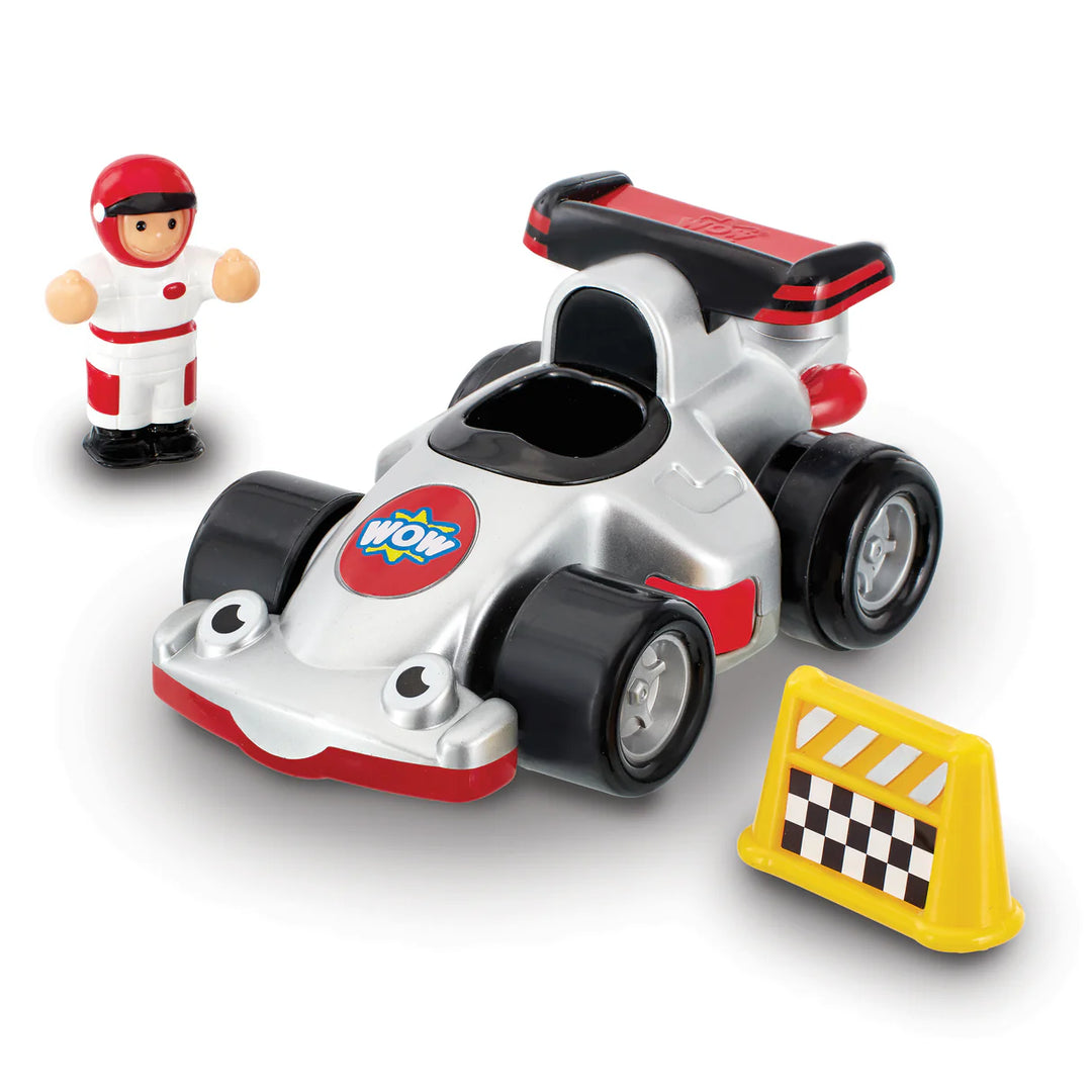 Toy race car with driver figure and checkered flag on a white background