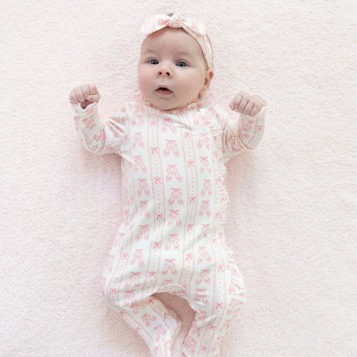Ballet Shoes Ribbon Stripe - Kimono Ruffle Snap Footie