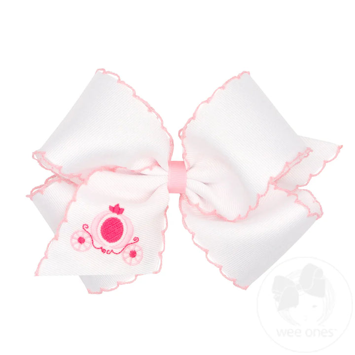 Grosgrain Hair Bow with Pink Moonstitch Edge and Carriage Embroidery