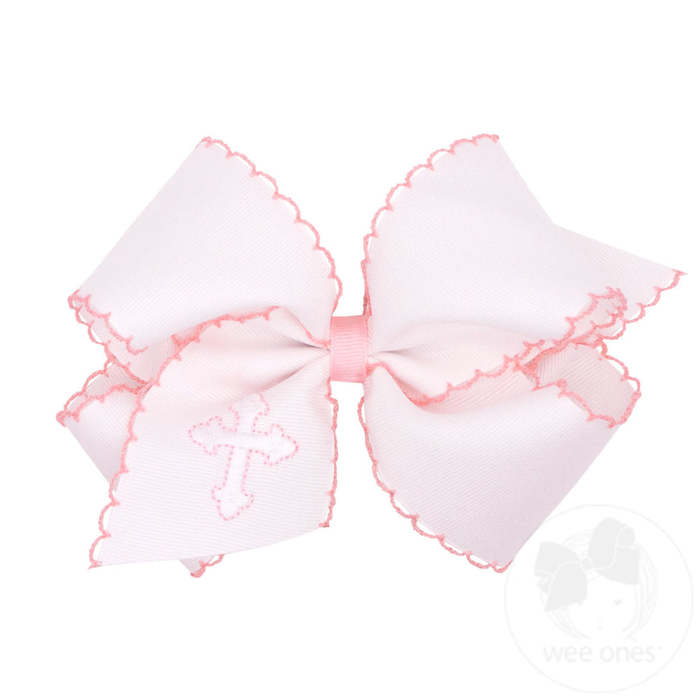White Grosgrain Hair Bow with Moonstitch Edge and Cross Embroidery on Tail by Wee Ones - alternate view