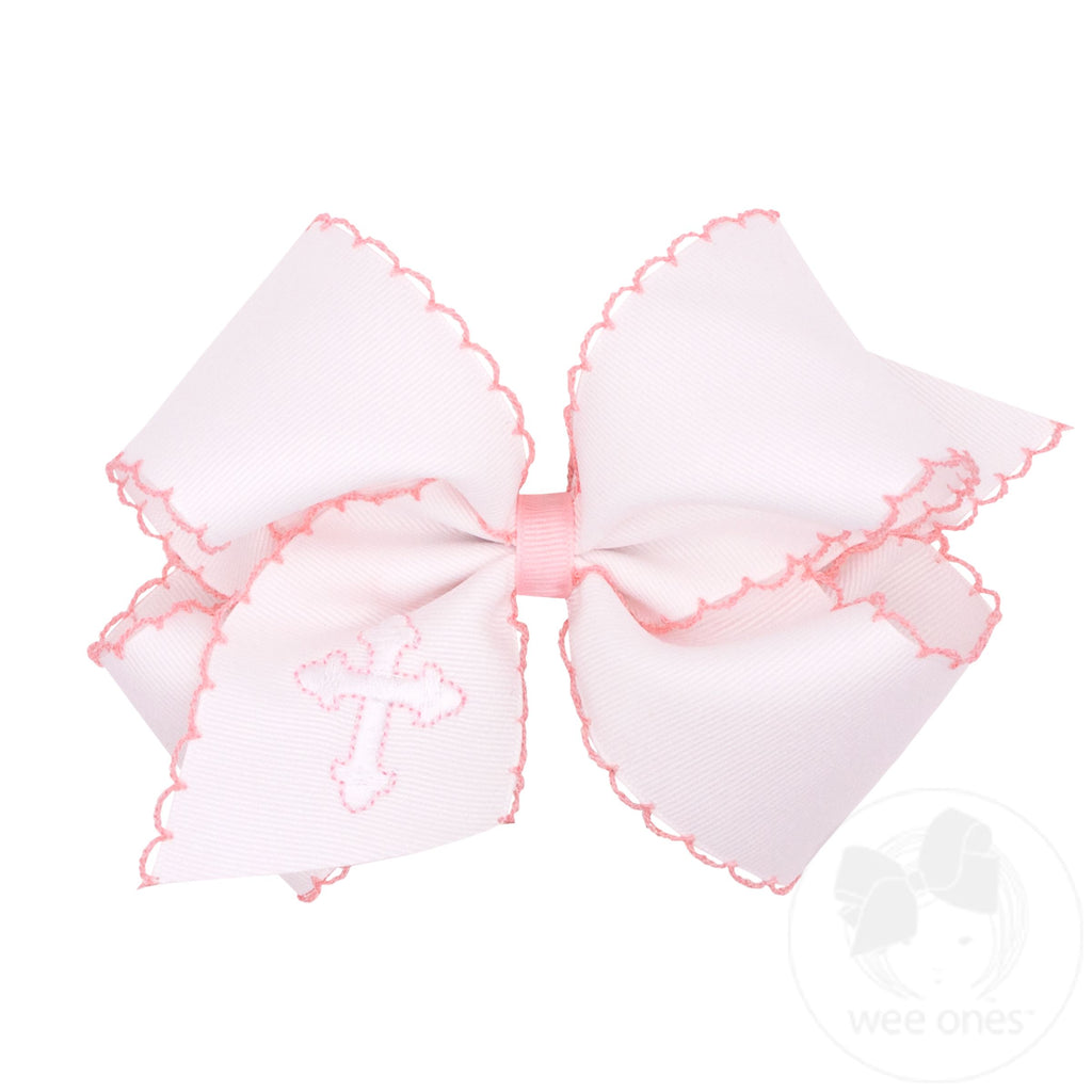 White Grosgrain Hair Bow with Moonstitch Edge and Cross Embroidery on Tail by Wee Ones - alternate view