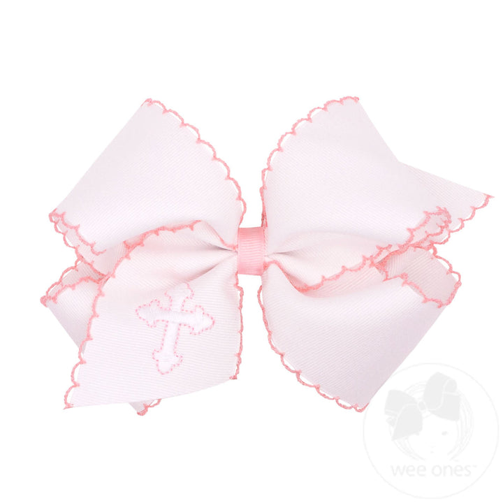 White Grosgrain Hair Bow with Moonstitch Edge and Cross Embroidery on Tail by Wee Ones - alternate view