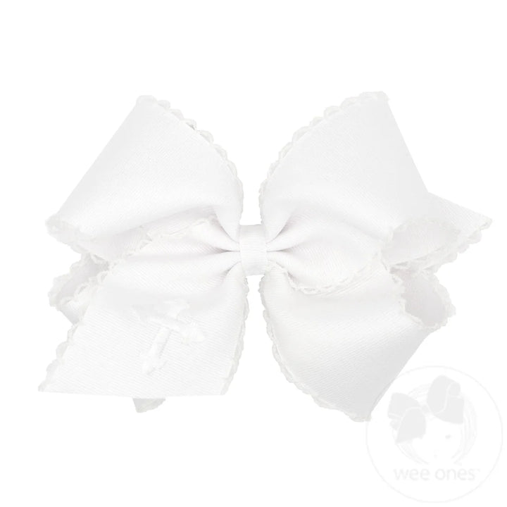 White Grosgrain Hair Bow with Moonstitch Edge and Cross Embroidery on Tail by Wee Ones - hair accessory