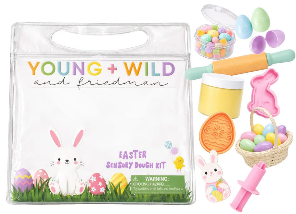 Easter sensory dough kit with packaging labeled 'Young + Wild and Friedman'.