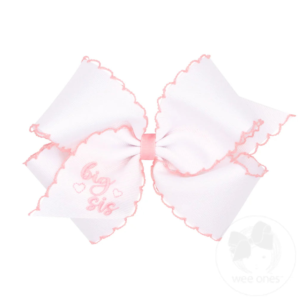 "Big Sis" Embroidered Grosgrain Hair Bow with Light Pink Moonstitch Edge by Wee Ones - alternate view