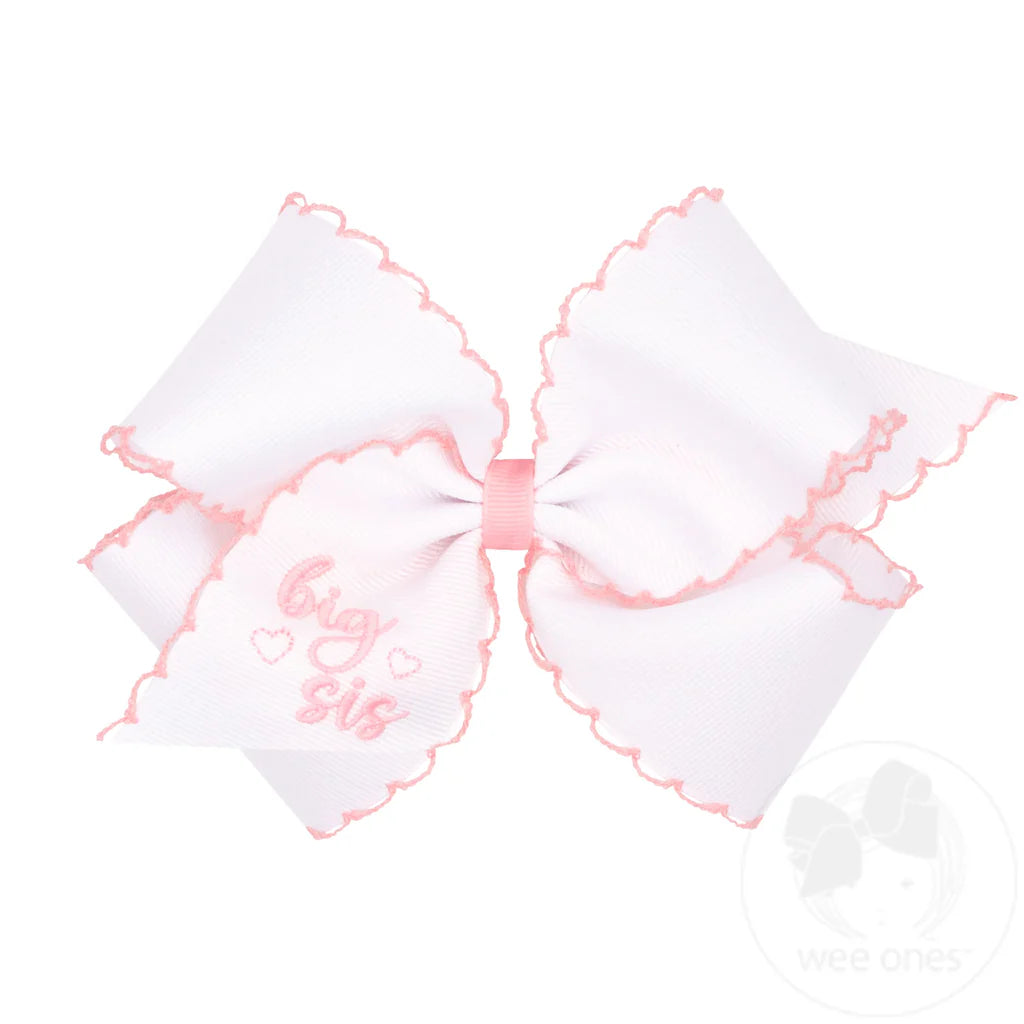 "Big Sis" Embroidered Grosgrain Hair Bow with Light Pink Moonstitch Edge