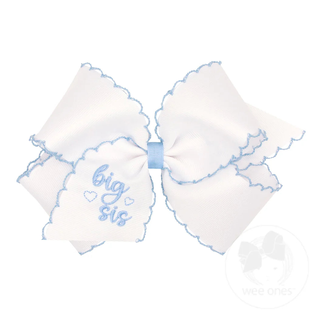 "Big Sis" Embroidered Grosgrain Hair Bow with Millennium Blue Moonstitch Edge