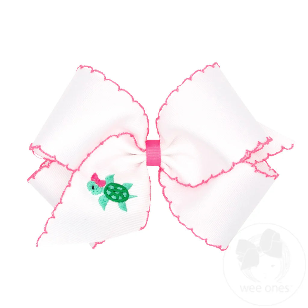 Grosgrain Hair Bow with Moonstitch Edge and Turtle Embroidery