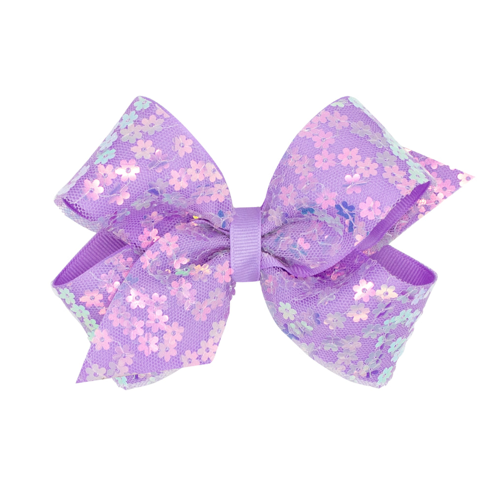 Flower Sequin Tulle Overlay Grosgrain Hair Bow- Purple by Wee Ones - alternate view