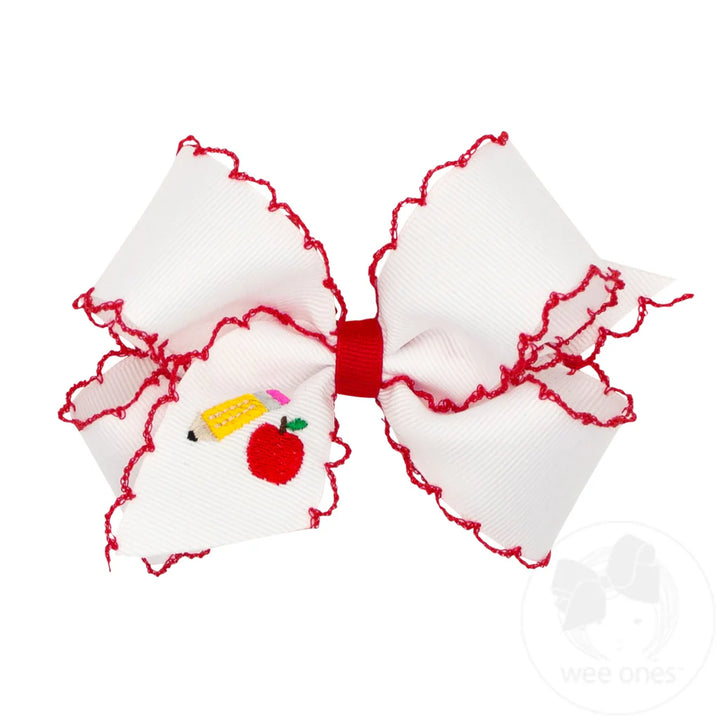Pencil and Apple Grosgrain Hair Bow with Moonstitch Edge