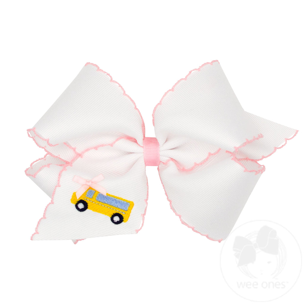 School Bus Embroidered Grosgrain Hair Bow with Moonstitch Edge