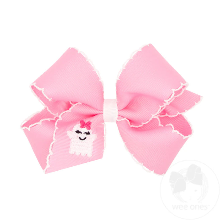 Pink Ghost Embroidery Grosgrain Hair Bow with Moonstitch Edge