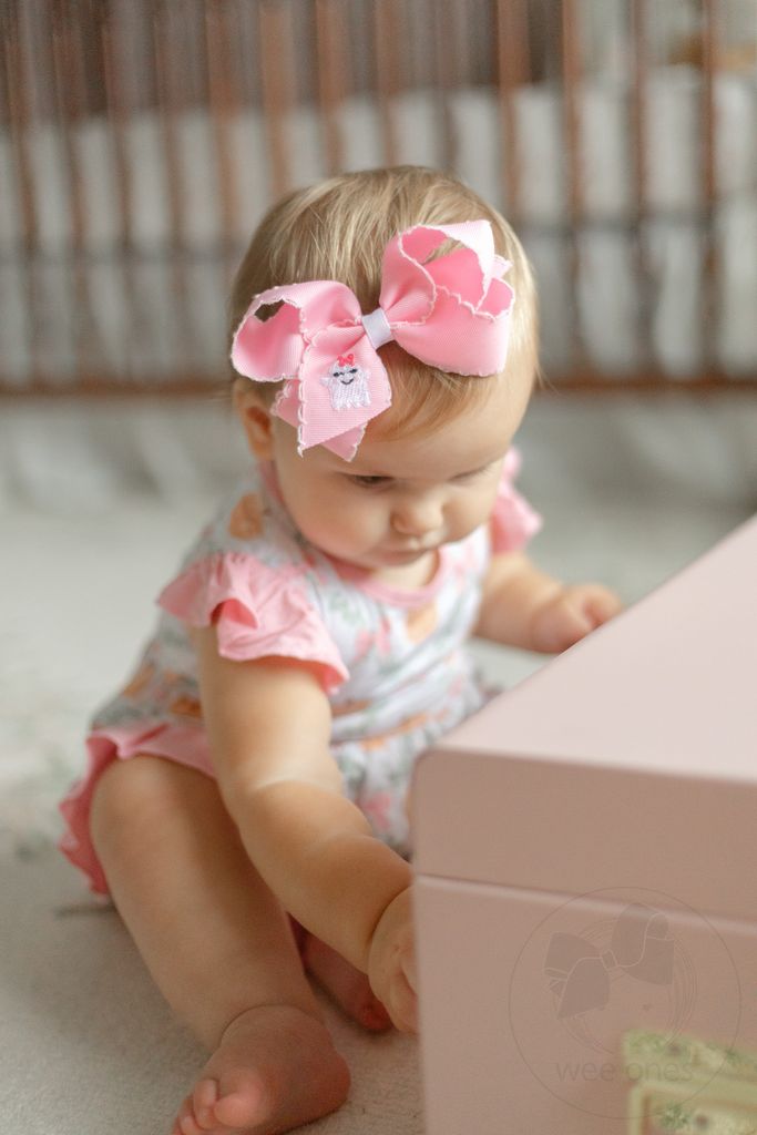 Pink Ghost Embroidery Grosgrain Hair Bow with Moonstitch Edge