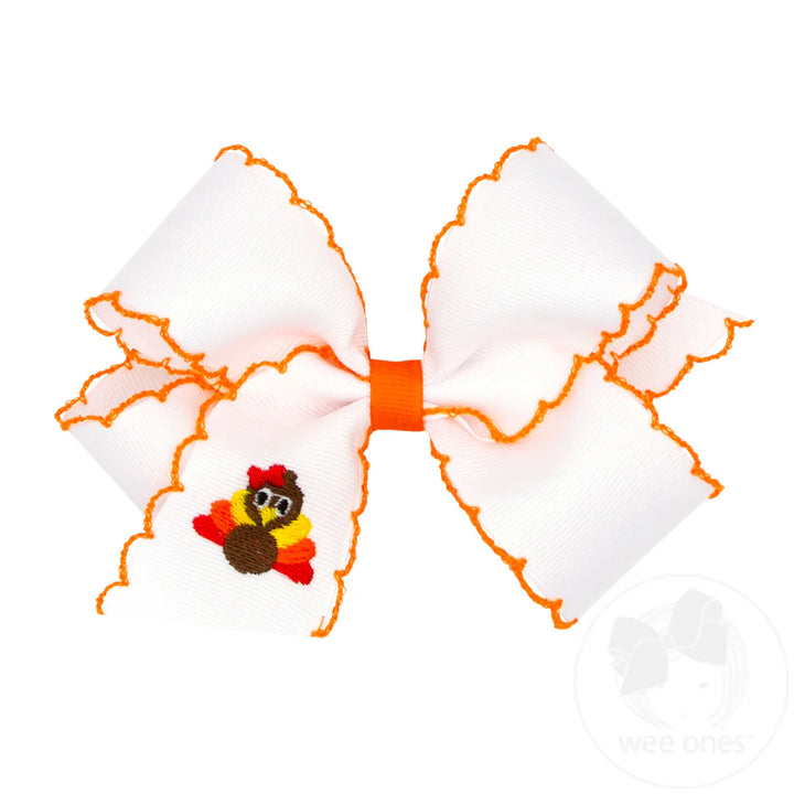 Turkey Harvest Embroidery Grosgrain Hair Bow with Moonstitch Edge