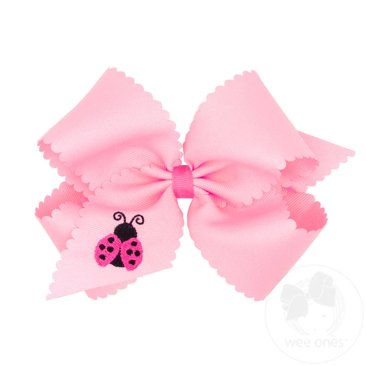 Scalloped Edge Grosgrain Hair Bow with Lady Bug Embroidery by Wee Ones - hair accessory