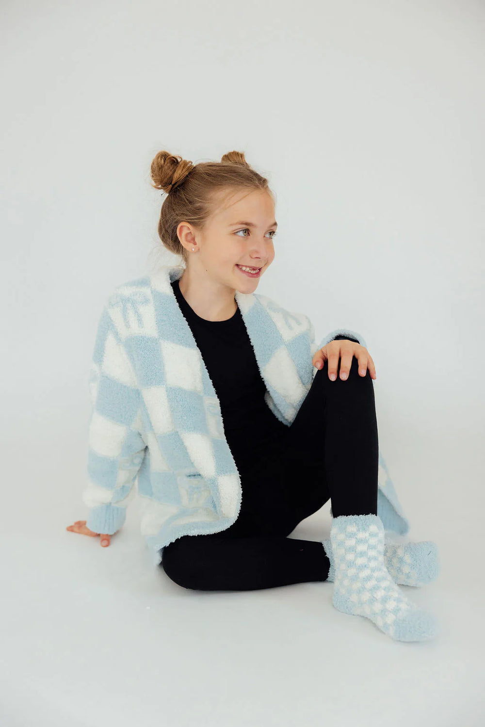 Light Blue Checker Bow Cozy Cardigan by Mila and Rose - alternate view