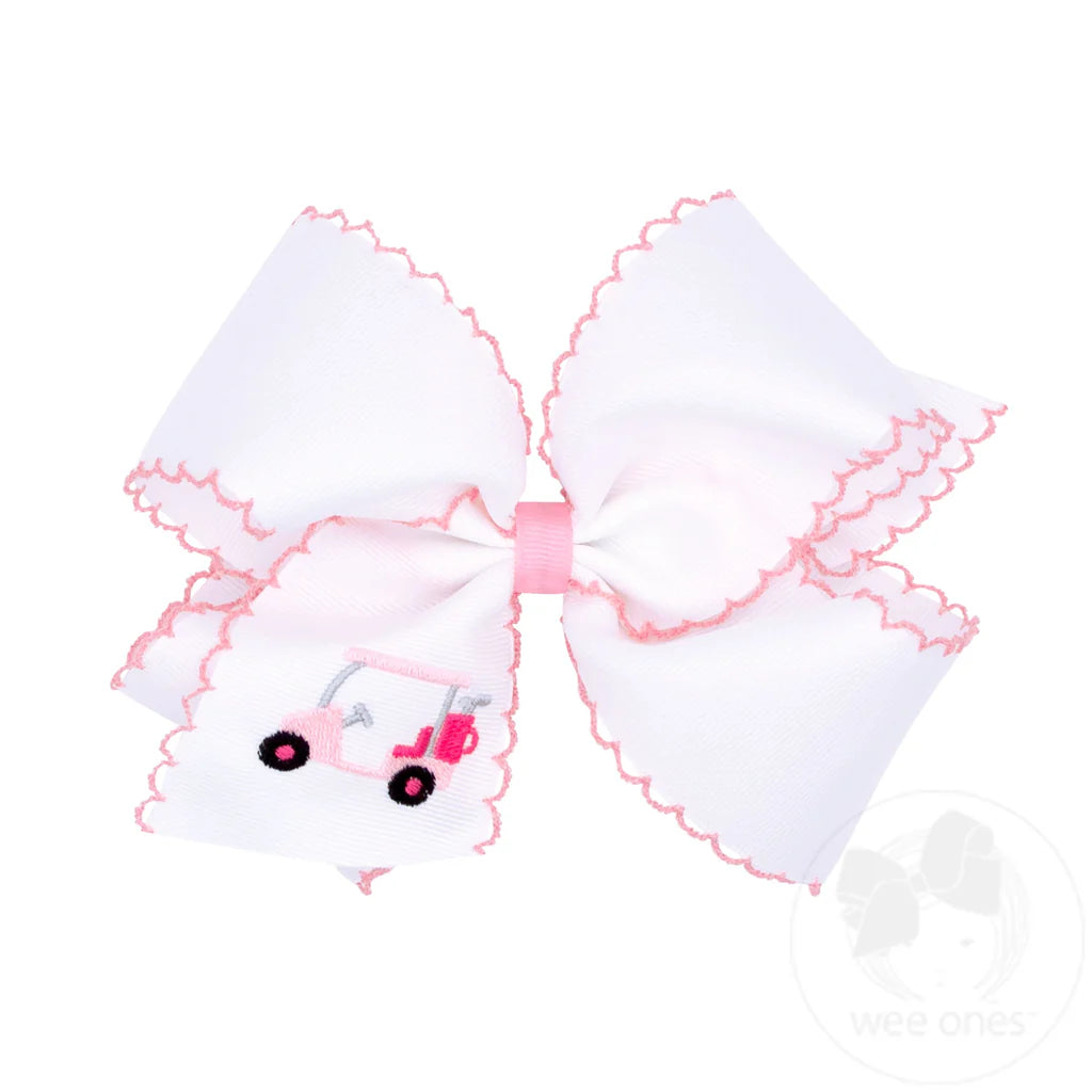 Pink Golf Cart  Embroidered Moonstitch Edge Hair Bow