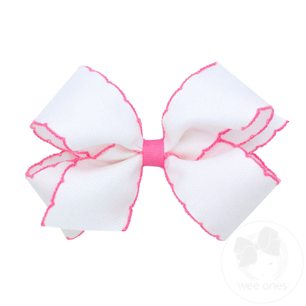 Grosgrain White Hair Bow with Contrasting Wrap Hot Pink Moonstitch by Wee Ones - alternate view