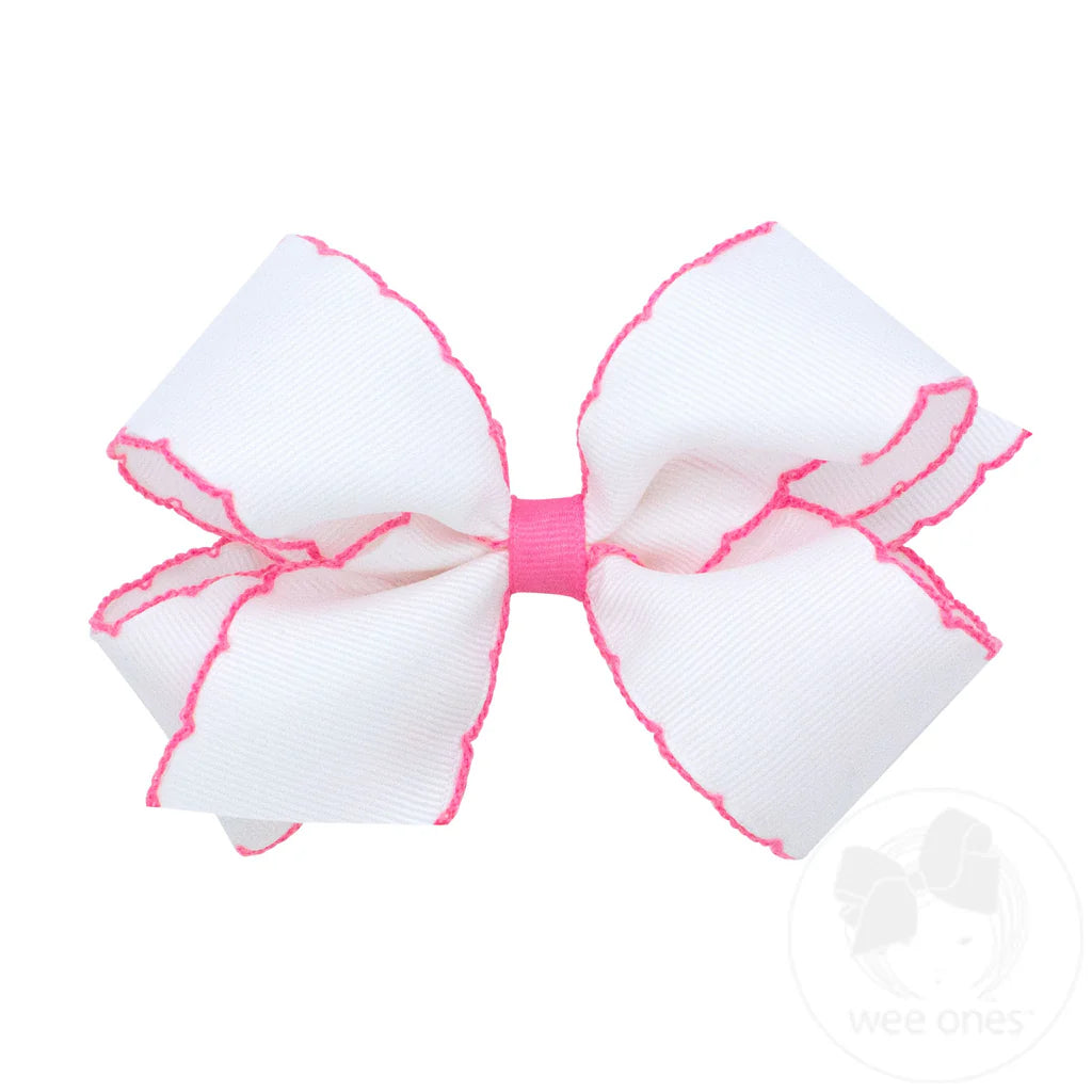 Grosgrain White Hair Bow with Contrasting Wrap Hot Pink Moonstitch