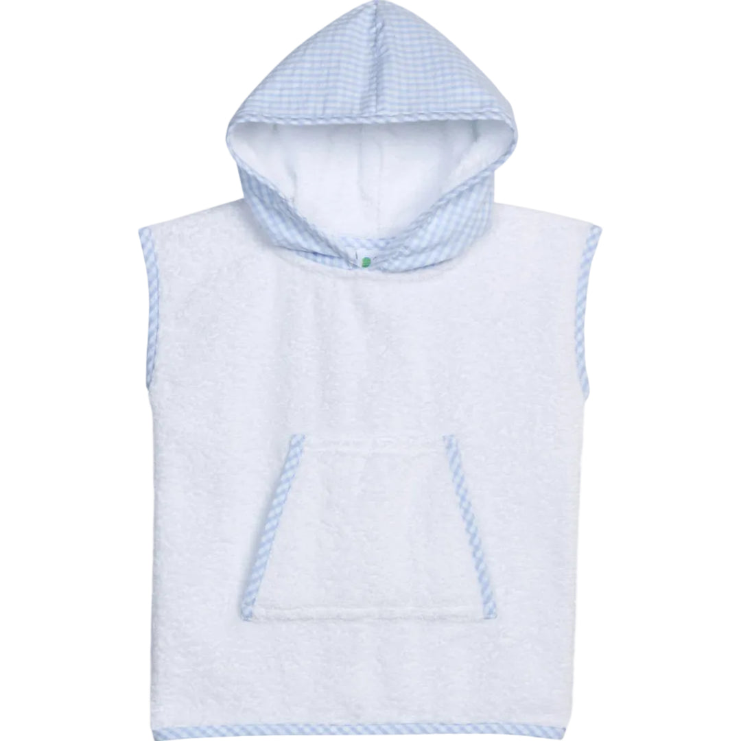 Blue checkered hooded towel cover up for baby/toddler on a white background