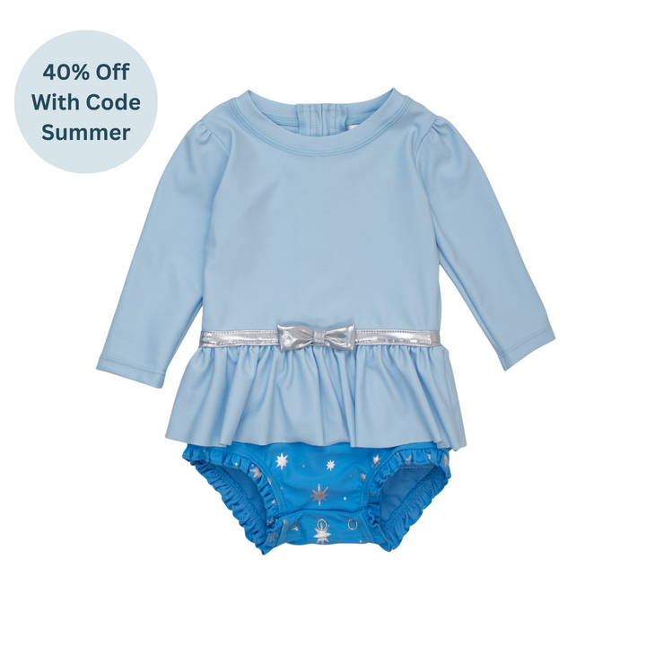 Crystal Blue Princess Long Sleeve Bow Skirt One Piece