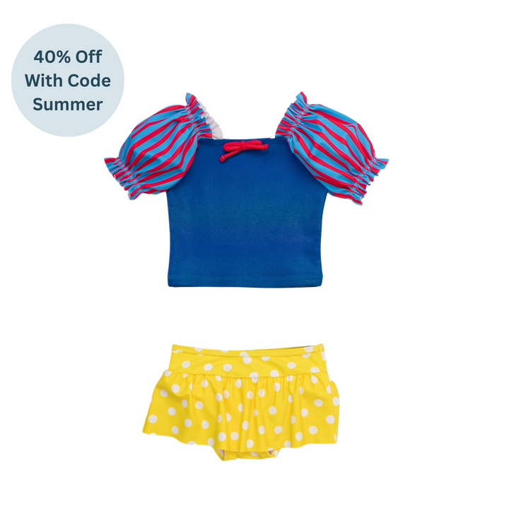 Royal Blue and Yellow Princess Puff- Sleeved Skirted 2-Piece