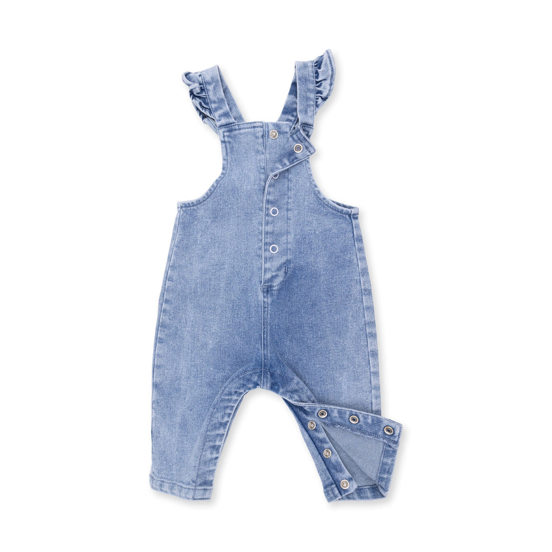 Old School Blue Stretch Denim - Button Up Ruffle Overall