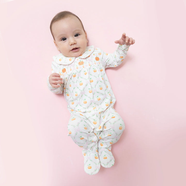 Pretty Pumpkin Trellis - Smocked Peter Pan Snap Footie