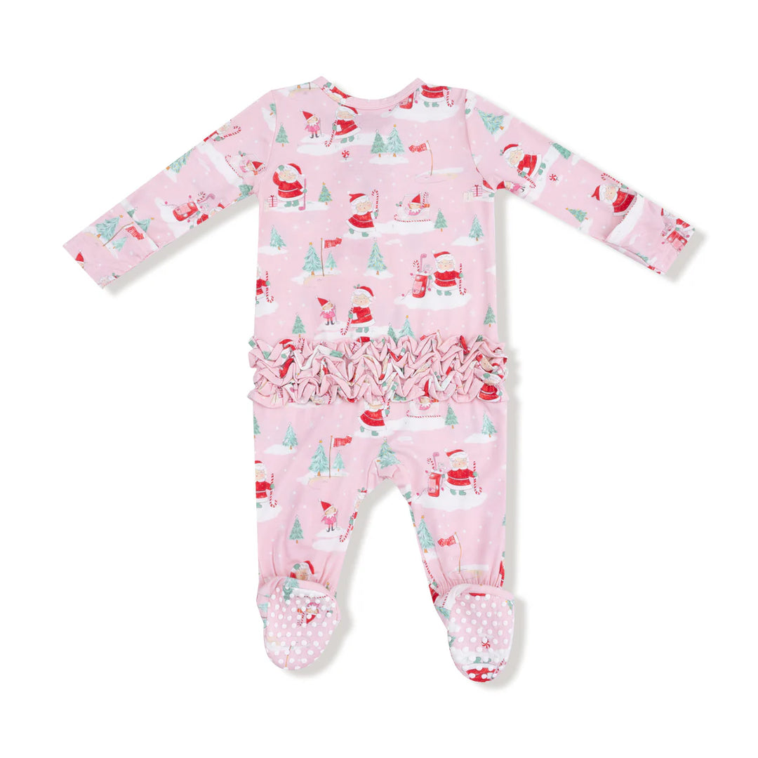 Golfing Mrs. Claus and Elves  2 Way Zipper Ruffle Back Footie