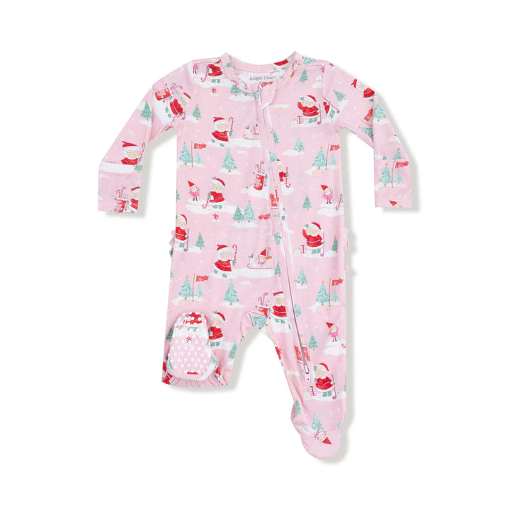 Golfing Mrs. Claus and Elves  2 Way Zipper Ruffle Back Footie