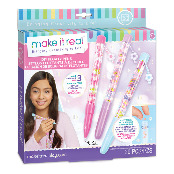 make it real! DIY floaty pens packaging with a girl holding pens and product details.
