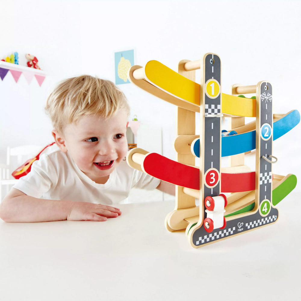 Fast Flip Racetrack by Hape Toys - back view