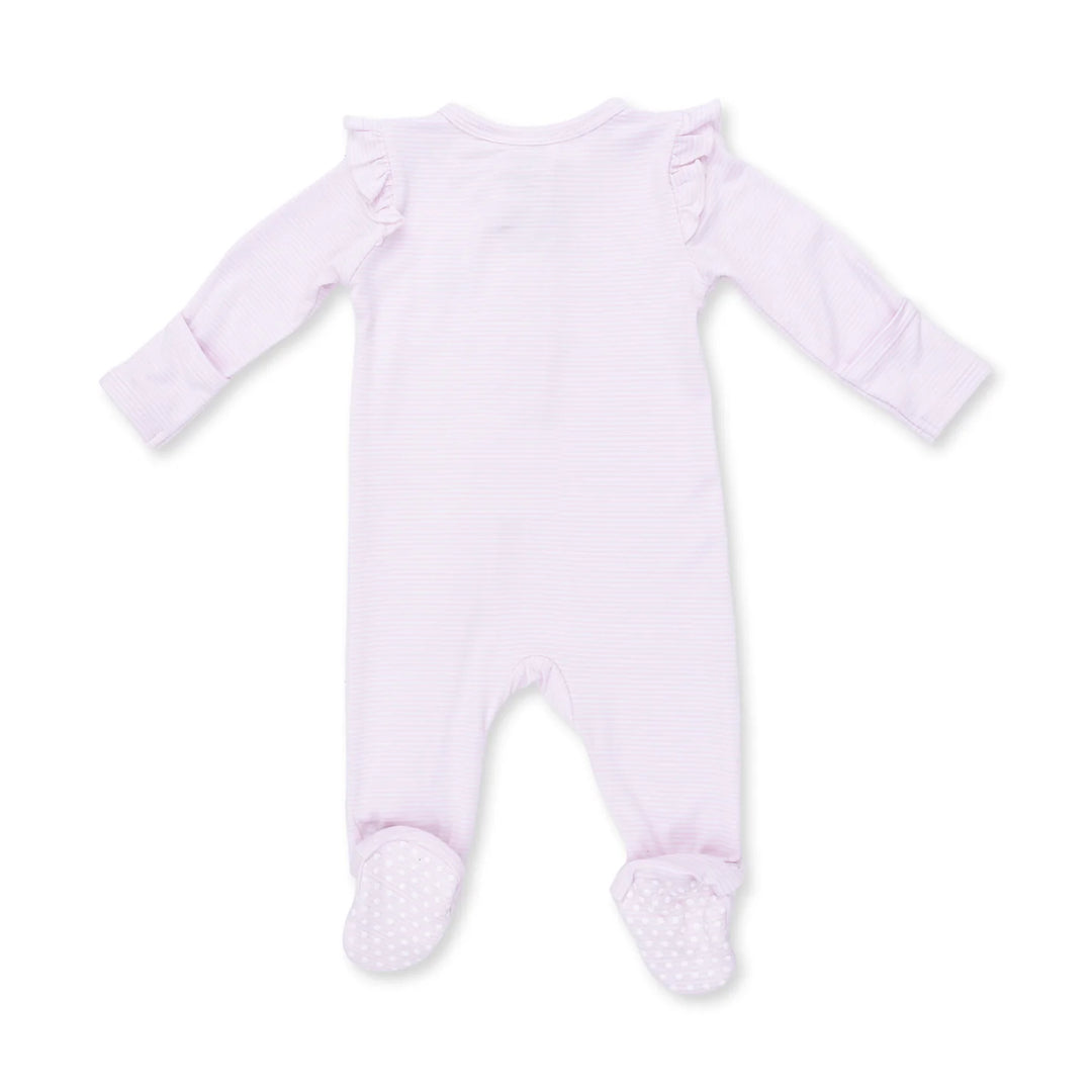 Cheer Pink Micro Stripe - 2 Way Ruffle Sleeve Zipper Footie