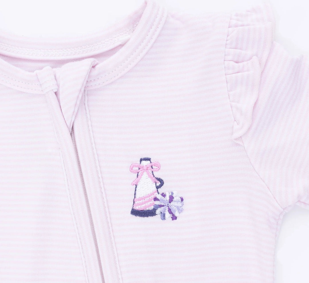 Cheer Pink Micro Stripe - 2 Way Ruffle Sleeve Zipper Footie
