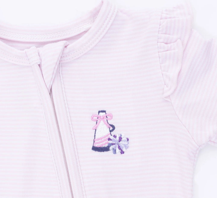 Cheer Pink Micro Stripe - 2 Way Ruffle Sleeve Zipper Footie