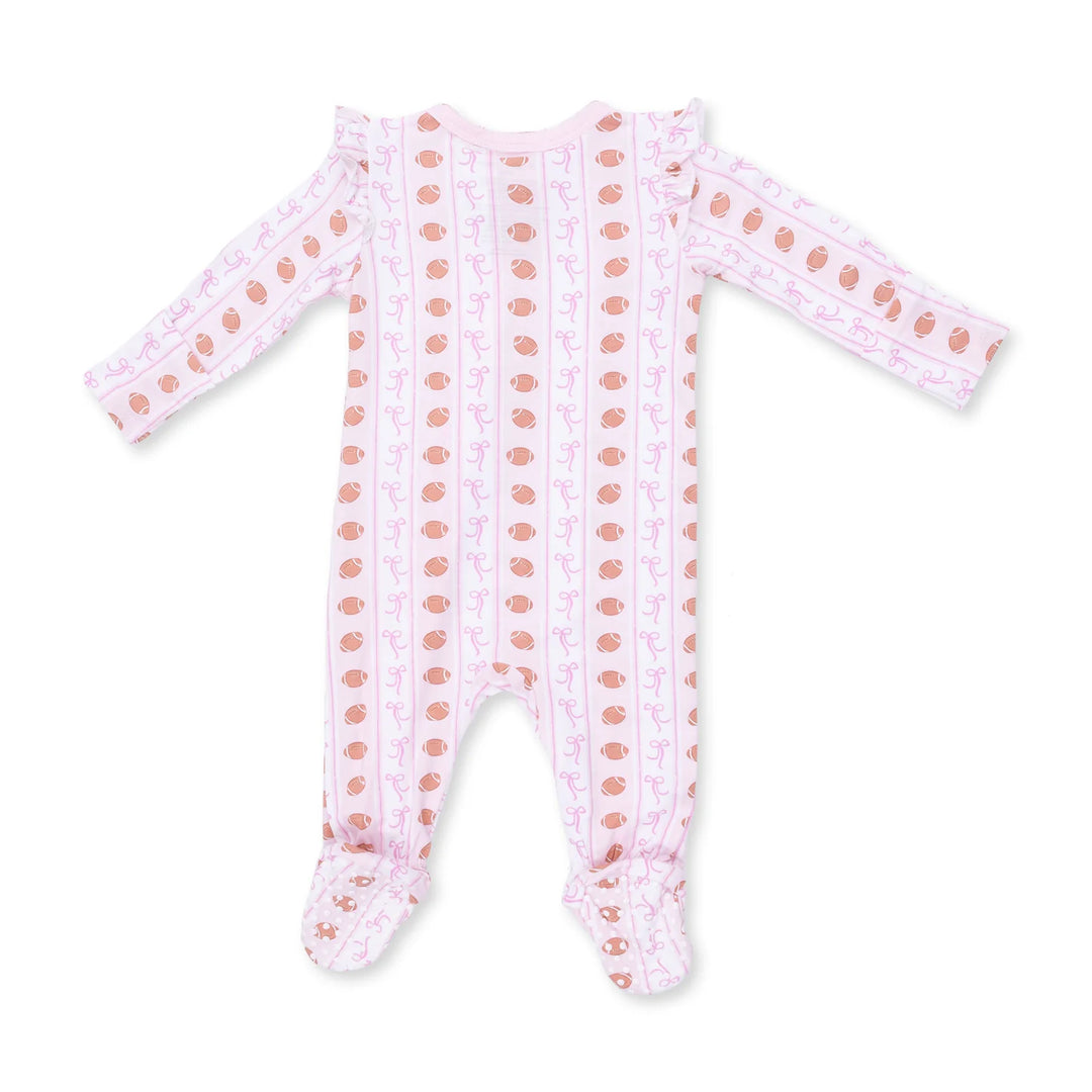 Football Bow Stripe - 2 Way Ruffle Sleeve Zipper Footie