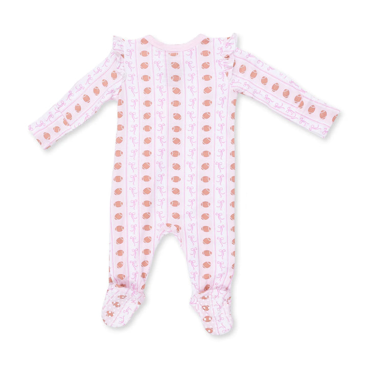 Football Bow Stripe - 2 Way Ruffle Sleeve Zipper Footie