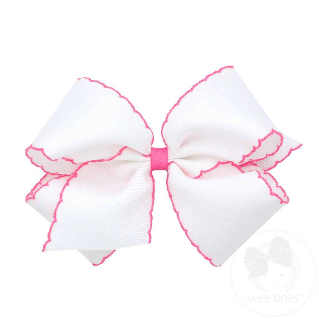 Grosgrain White Hair Bow with Contrasting Wrap Hot Pink Moonstitch