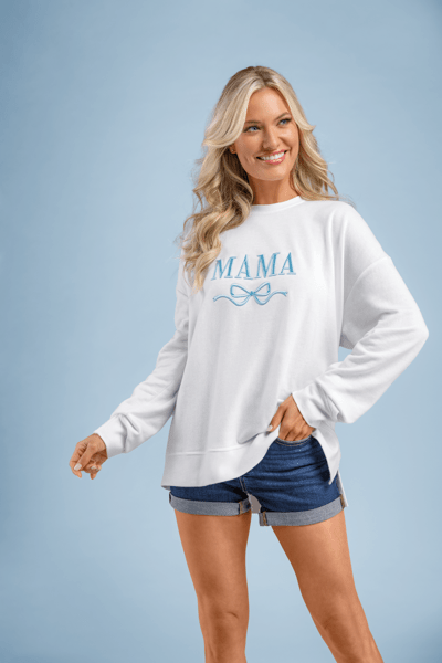"Mama" Sweatshirt by Mud Pie - close-up detail