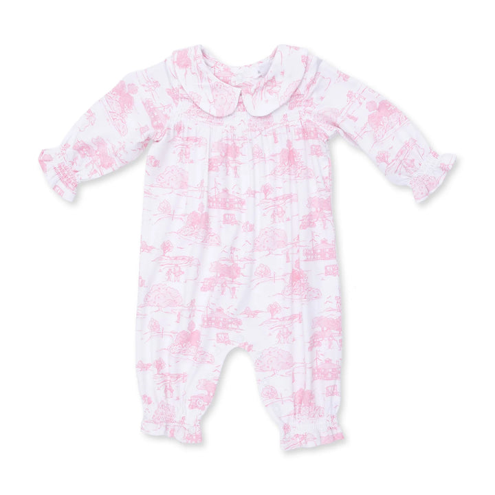 Golf Toile Pink - Smocked Long Sleeve Romper