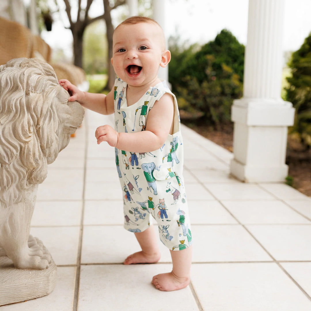 Baby Boy Jon Jon with Athletic Animal print. Snap closure for easy diaper changes, buttons on shoulders for easy outfit changes. 