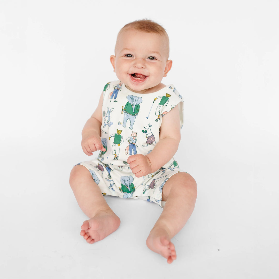 Baby Boy Jon Jon with Athletic Animal print. Snap closure for easy diaper changes, buttons on shoulders for easy outfit changes. 